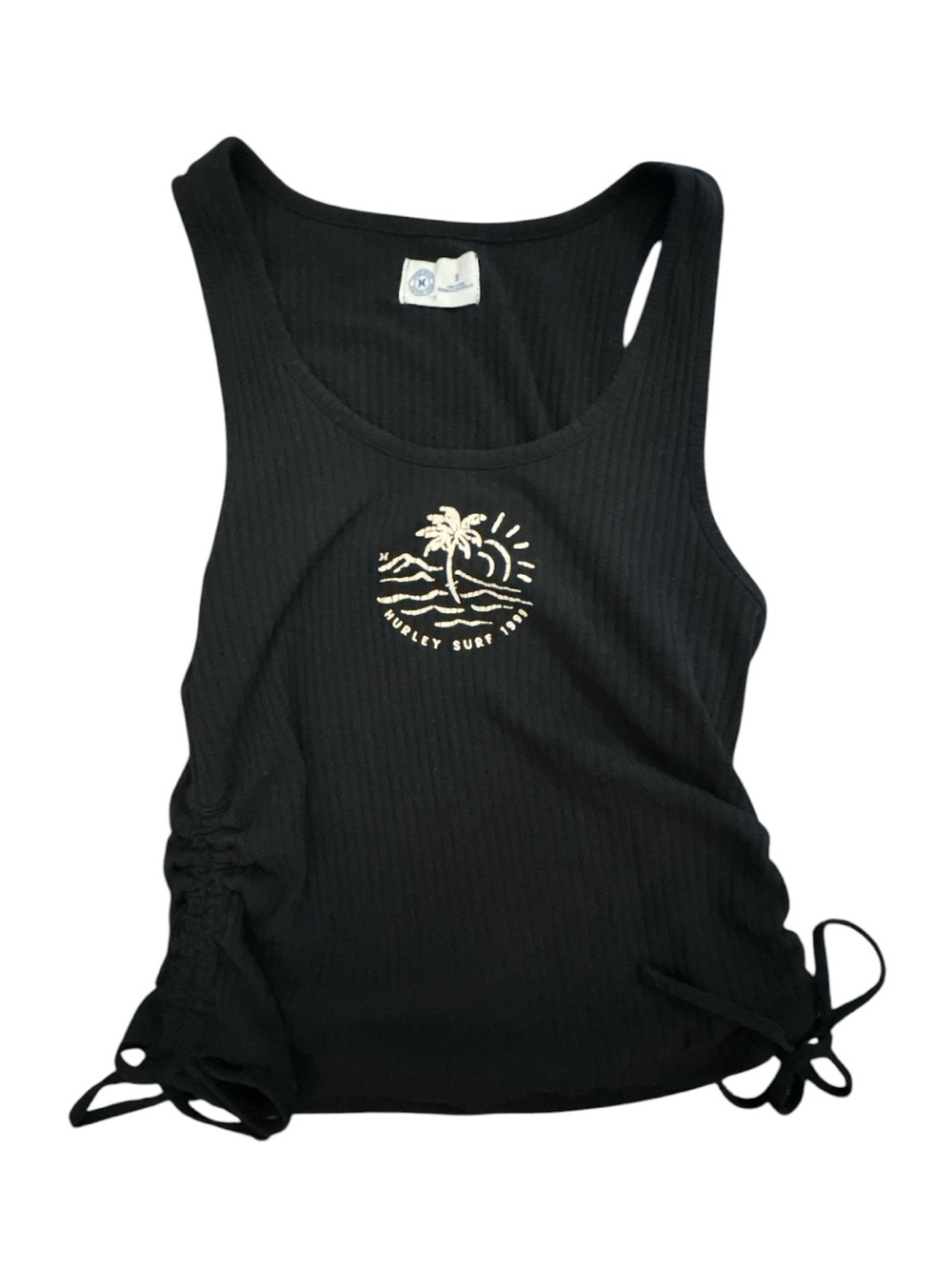Hurley Black Ribbed Tank with Palm Tree Ocean Wave Chest Graphic Beach Shirt SML